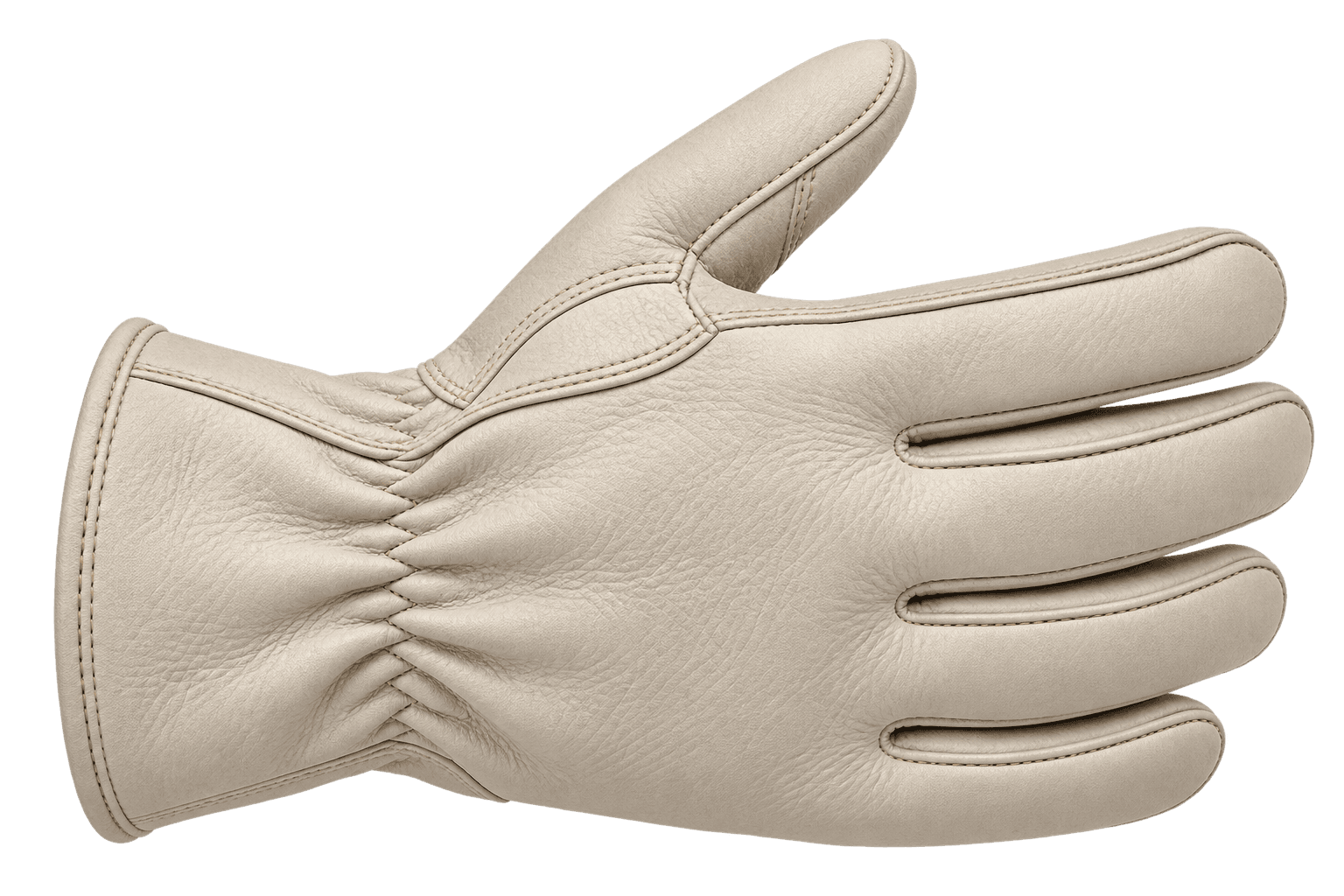 Side view leather work glove with visible stitching and palm shape