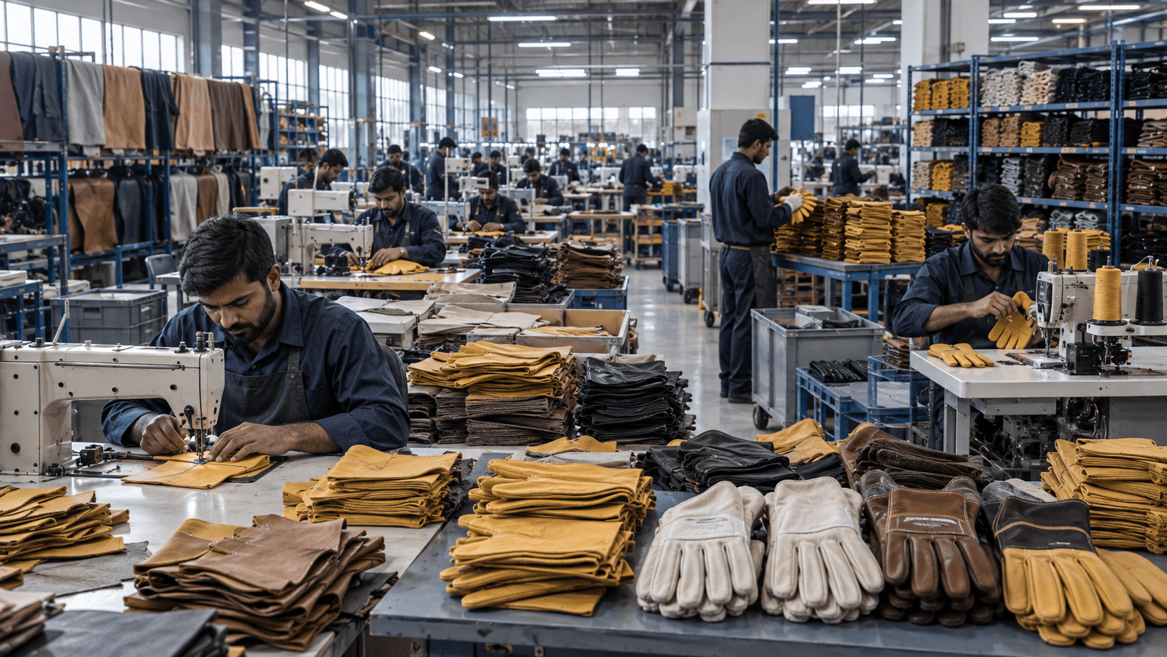 Glove manufacturing floor with leather work gloves in production
